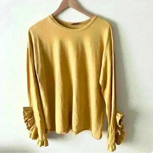 Zara M Womens Mustard Yellow Long Sleeve Ruffle Split Sleeve Top Fall Shirt